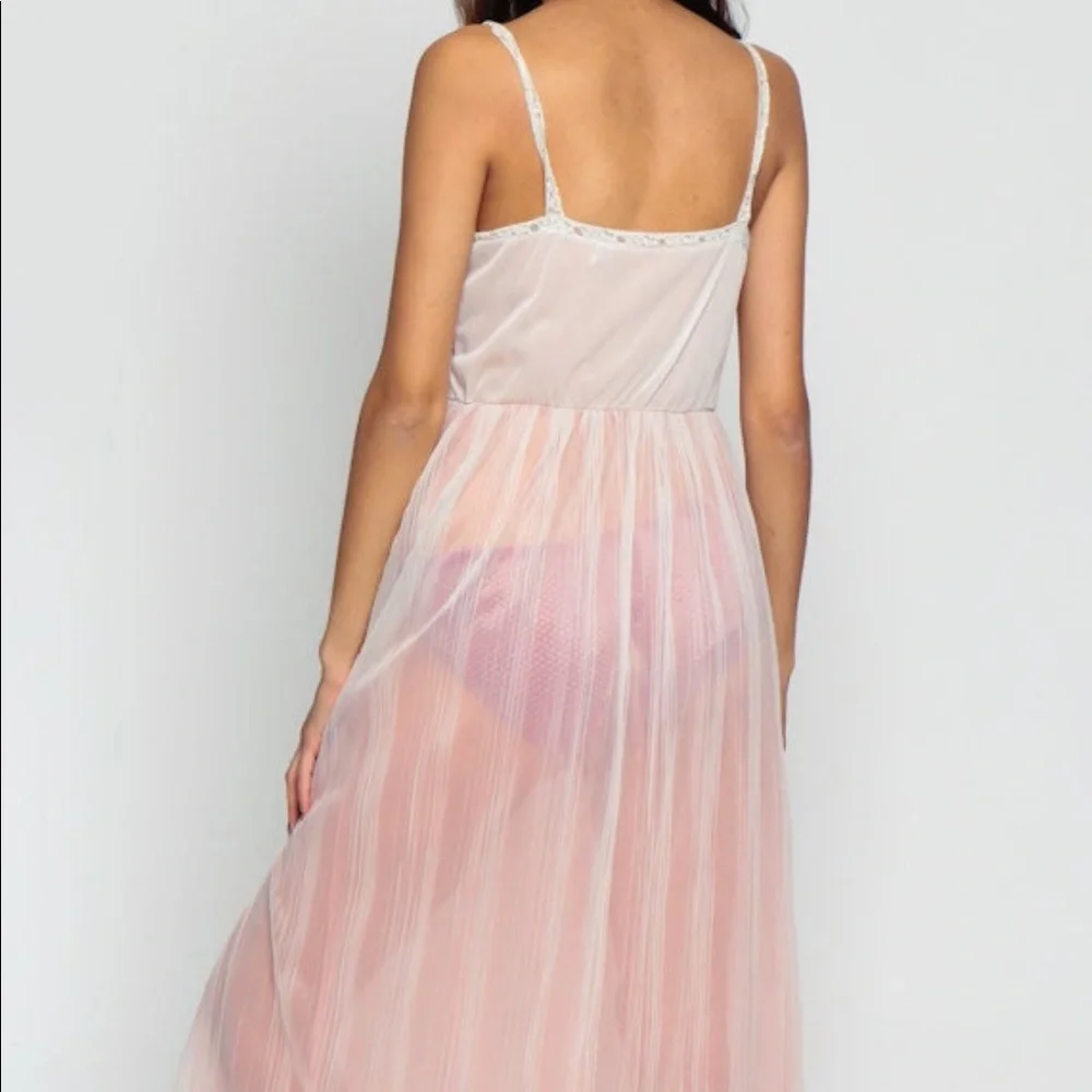 Pink Lingerie SHEER Nightgown 70s Lace Slip Dress Maxi PLEATED Vintage Medium